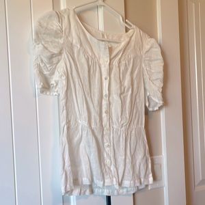 Anthropologie Meadow Rue White Linen Blouse with peplum shape abs puff sleeve